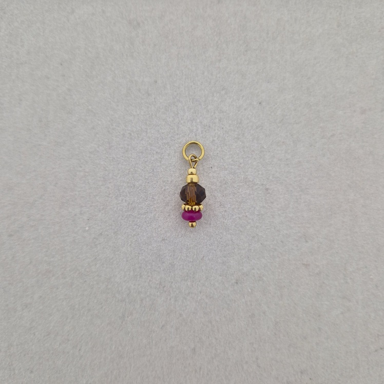 Bedel met bruine facetkraal en fuchsia disc - goud