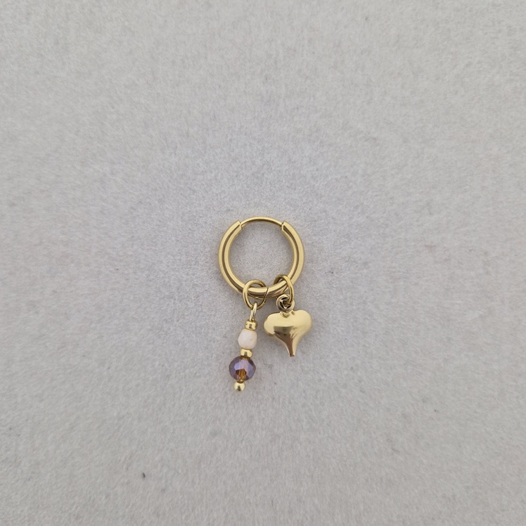Ronde oorring met hartje en bruin-beige bedel goud